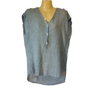 100% Linen Blouse Button-Up Women Top Italy Made Beach Coastal Light Blue Large